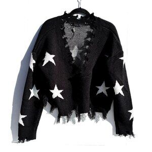 Women’s Zaful Distressed Drop Shoulder Star Sweater, V-Neck Black OS